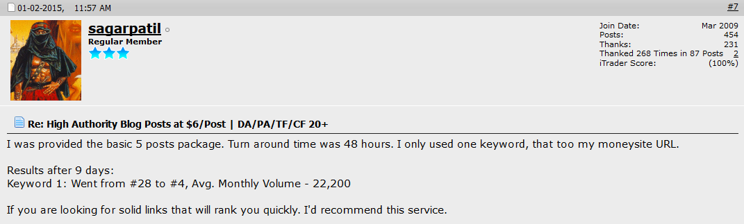 Forum review by sagarpatil, 1 Feb 2015: basic 5 post package delivered with a 48 hour turnaround, keyword moved from #28 to #4 after 9 days.