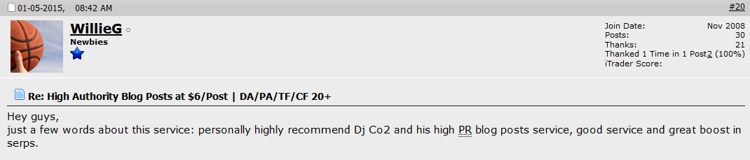 Forum review by WillieG, 1 May 2015: recommends the service as a good service with a great boost in search results.