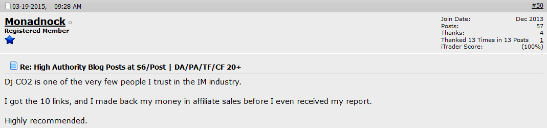 Forum review by Monadnock, 19 Mar 2015: bought 10 links and made the money back in affiliate sales before the report arrived.