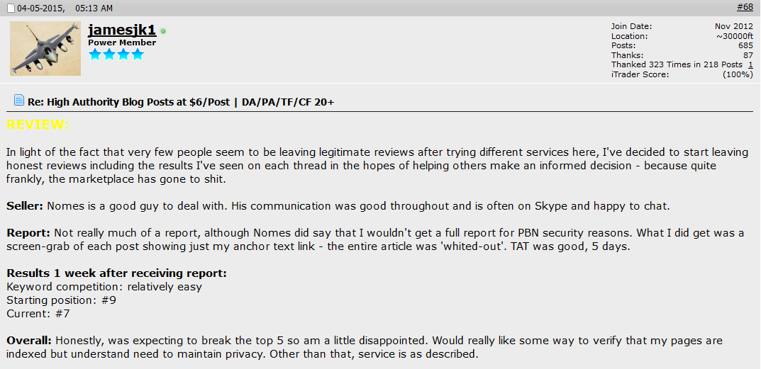 Forum review by jamesjk1, 5 Apr 2015: good communication, 5 day turnaround, keyword moved from #9 to #7 one week after the report. Notes the report is a screen grab of each post with the article whited out.