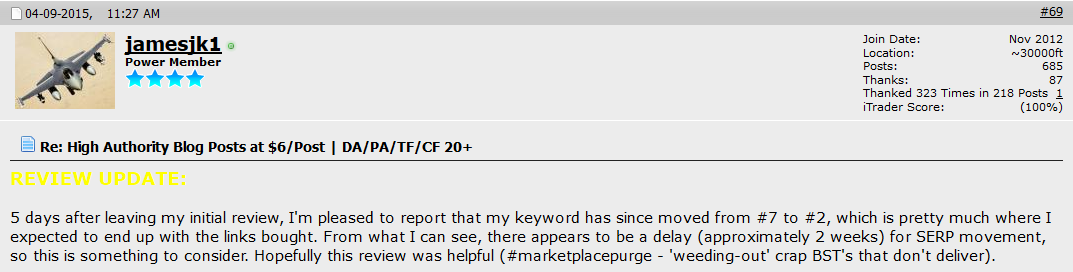 Review update by jamesjk1, 9 Apr 2015: keyword moved from #7 to #2, with about a two week delay before ranking movement.