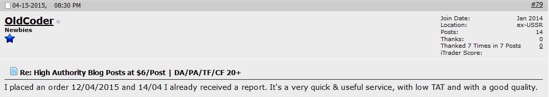 Forum review by OldCoder, 15 Apr 2015: order placed 12 April, report received 14 April, a quick and useful service with good quality.