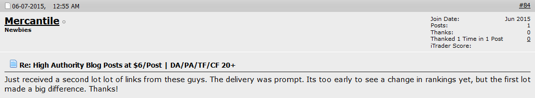 Forum review by Mercantile, 7 Jun 2015: second batch of links delivered promptly, and the first batch made a big difference.