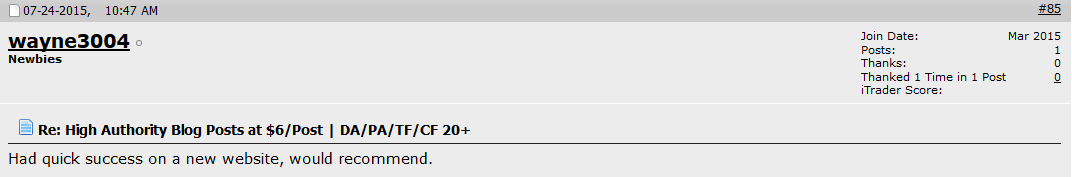 Forum review by wayne3004, 24 Jul 2015: quick success on a new website, would recommend.