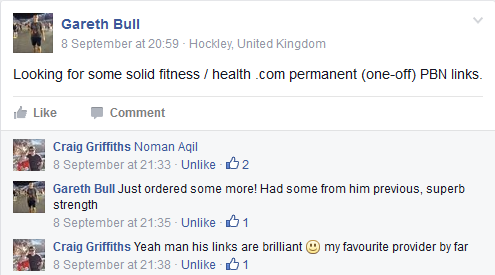 Facebook thread: Gareth Bull asks for permanent PBN links, Craig Griffiths tags Noman Aqil and calls his links brilliant, and Gareth says he just ordered more after a previous order.